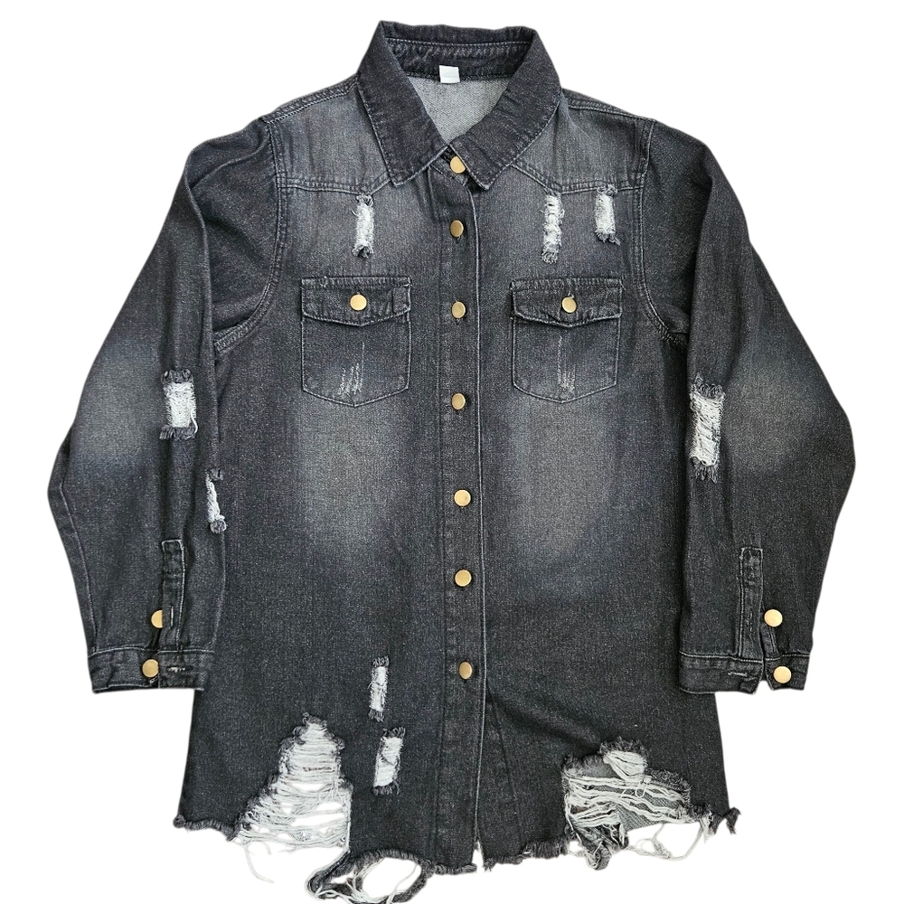 Distressed Black Jean Ripped Jacket Denim Size XL Thrashed Grunge Skater